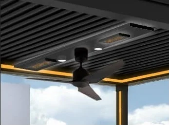 StruXure pergola with ceiling fan, heaters and lighting