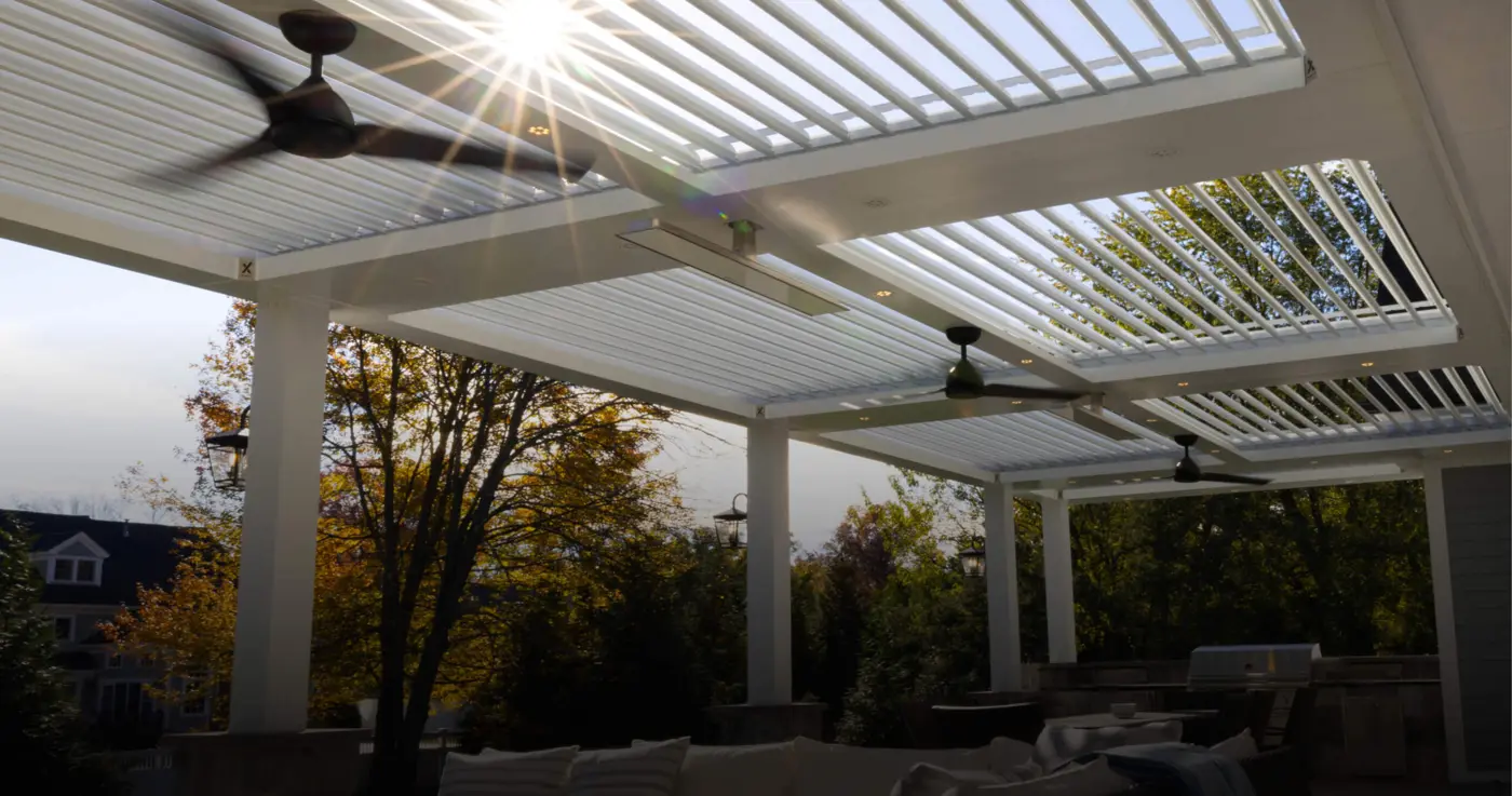 Cabana X Core+ Personalized shade in patio setting with fans