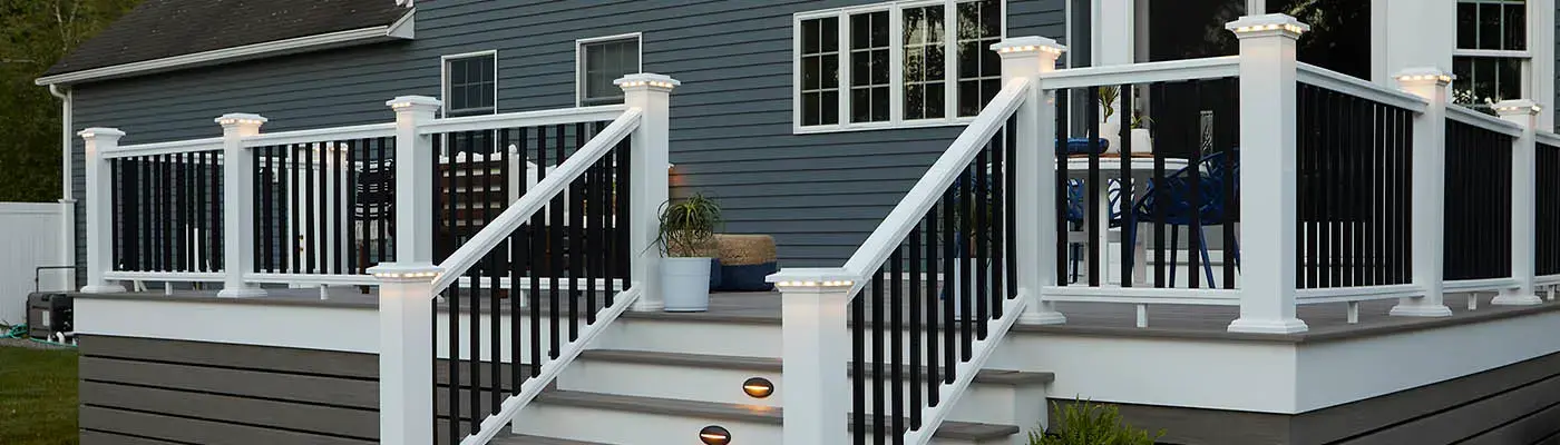 TimberTech railing with handrail along stairs and deck