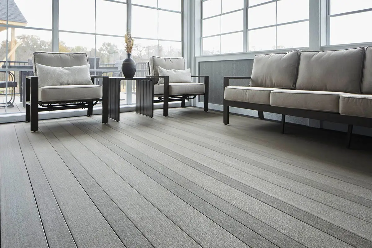 TimberTech gray porch flooring in a screened porch