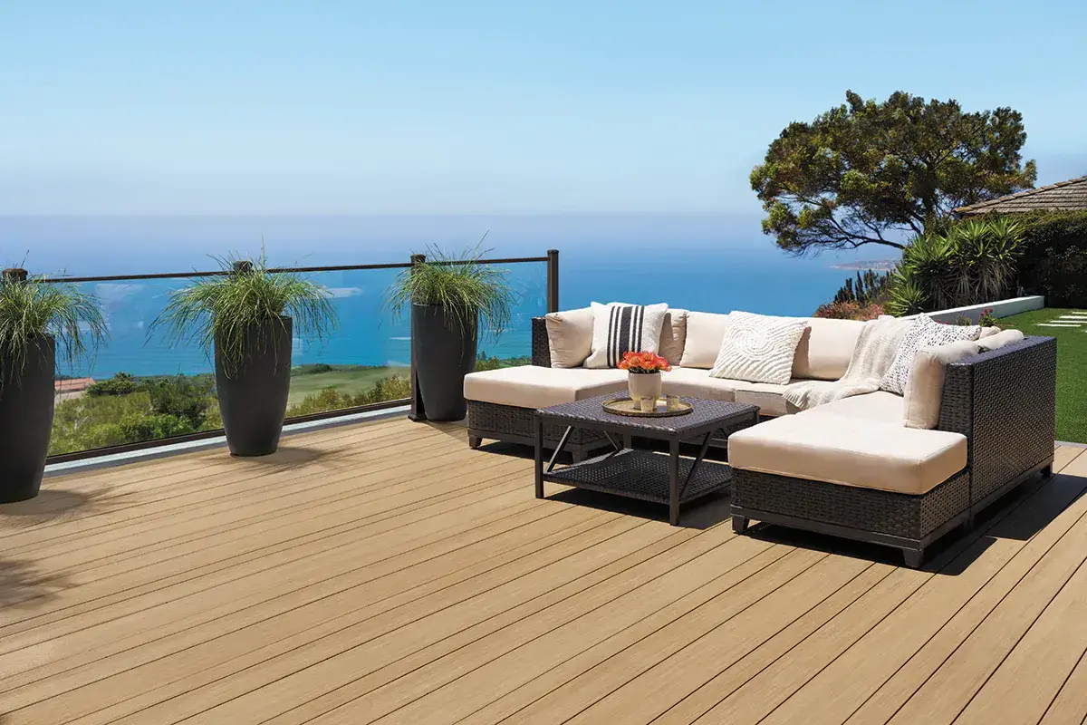 Composite deck with outdoor sectional overlooking the ocean