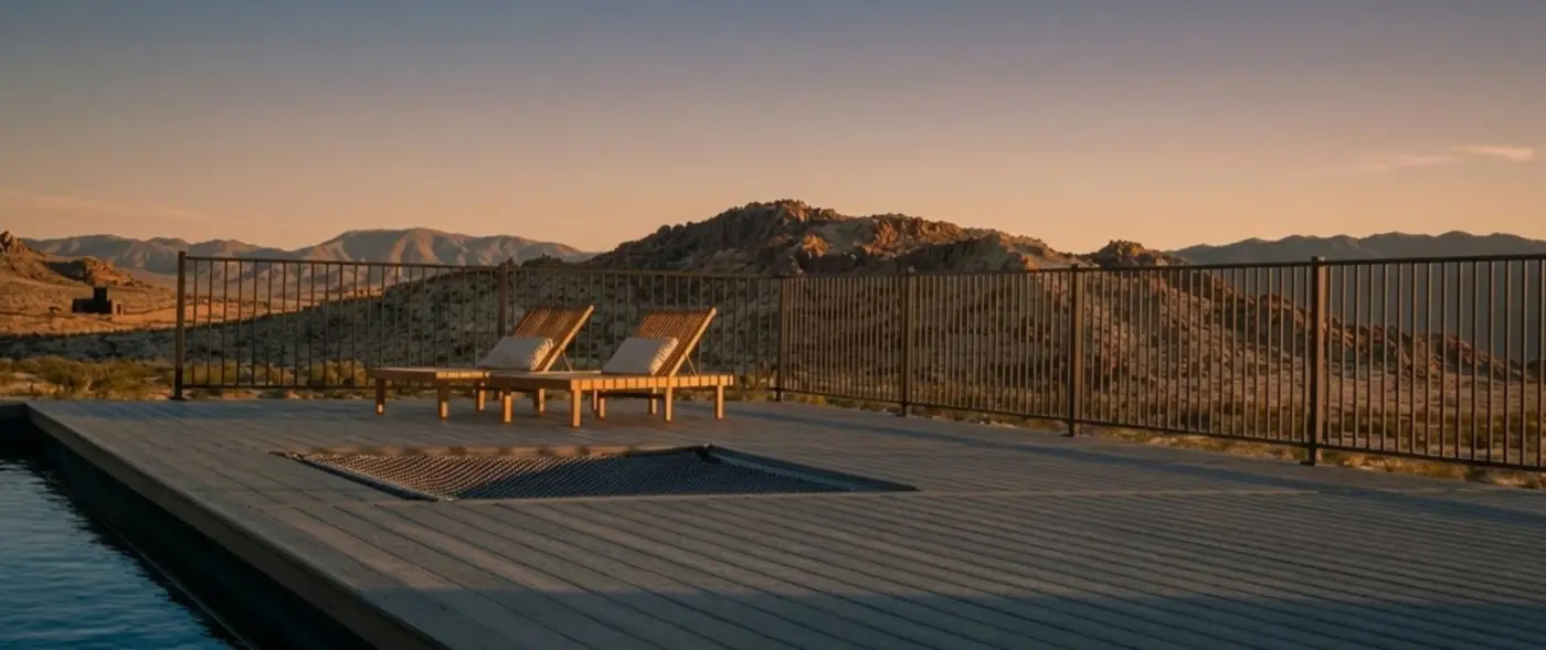 Wide deck with glass railing overlooking mountains at sunset