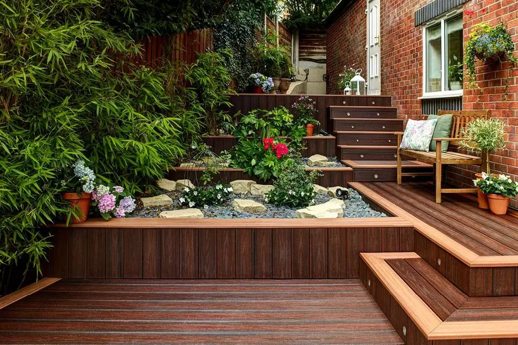 trex transcend decking lava rock tiki torch stair riser lights garden