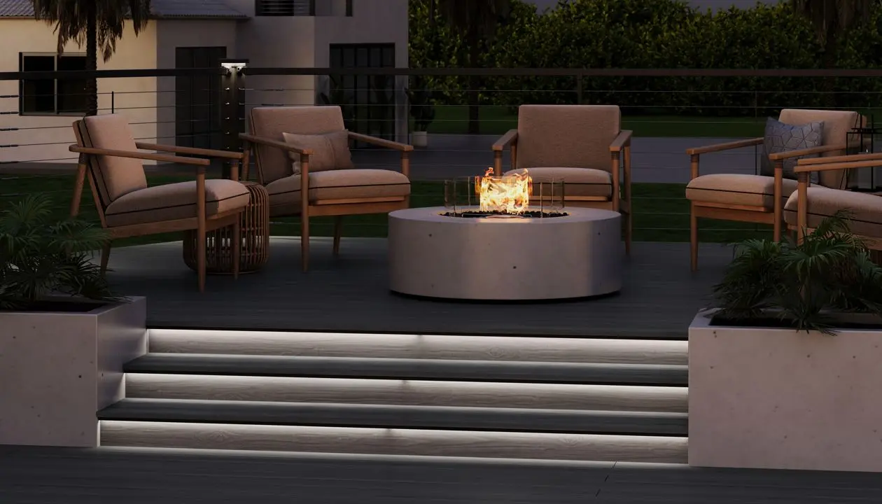 Large wood-tone deck with fire bowl beside a lodge-style home