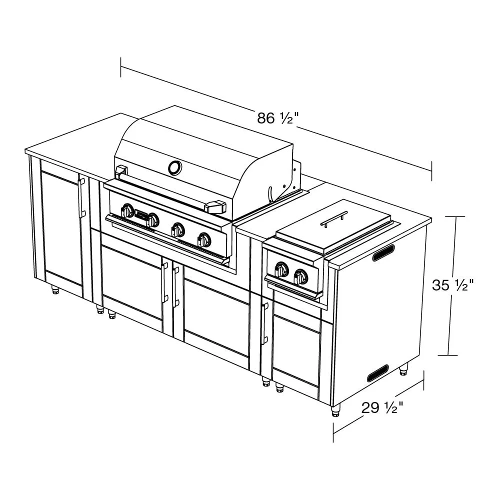 WeatherStrong 86 in Sandbar with side burner, dimension line drawing