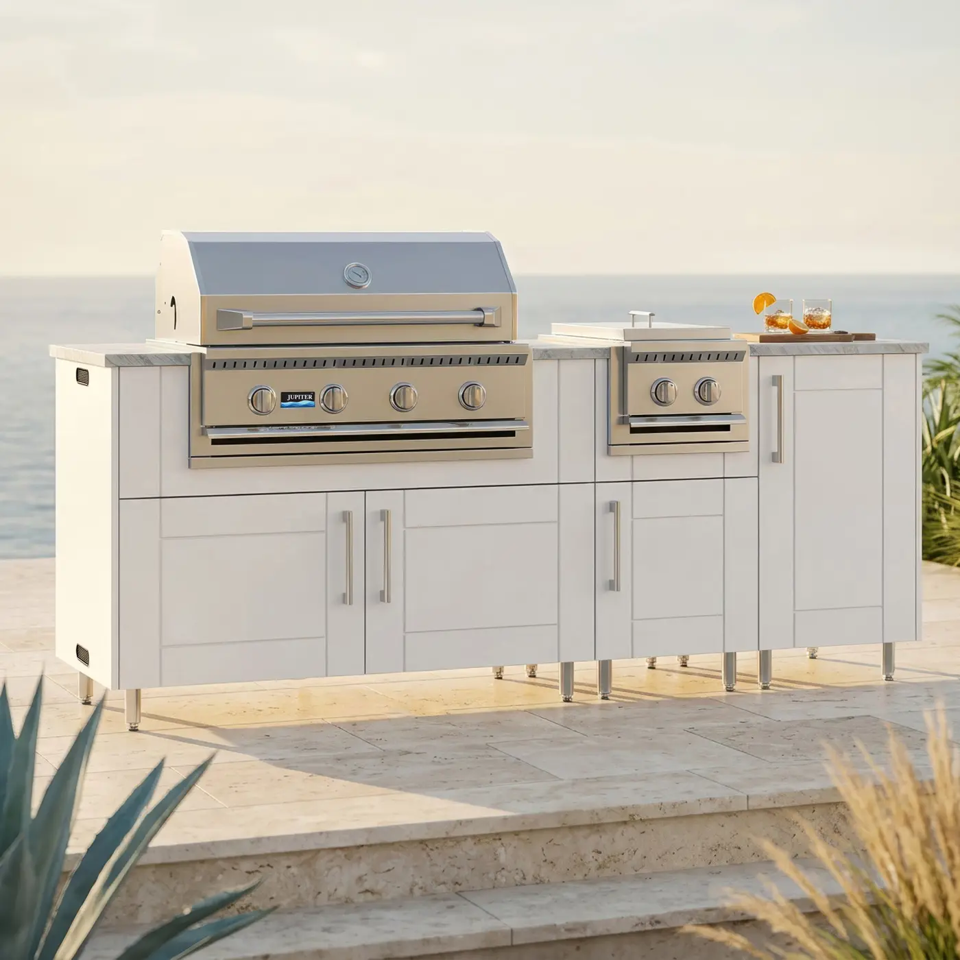 Weather Strong Sandbar With Side Burner Sanibell Grill Left Shell White