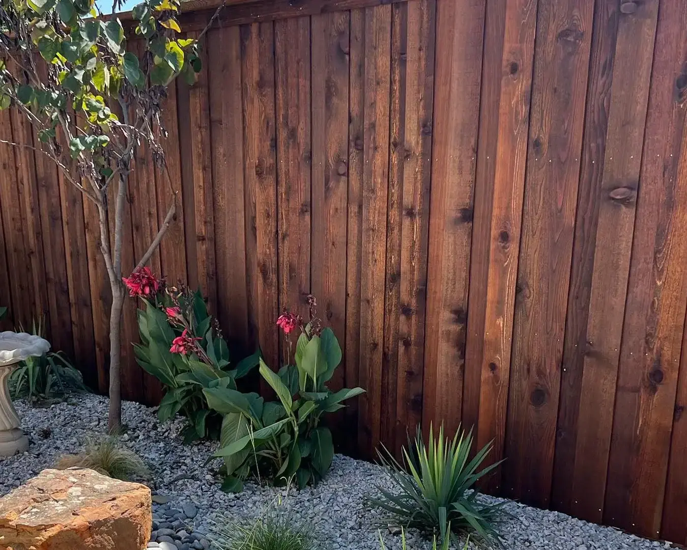 Wood fence boards and pickets - stained cedar wood fence installed, Wood Defender